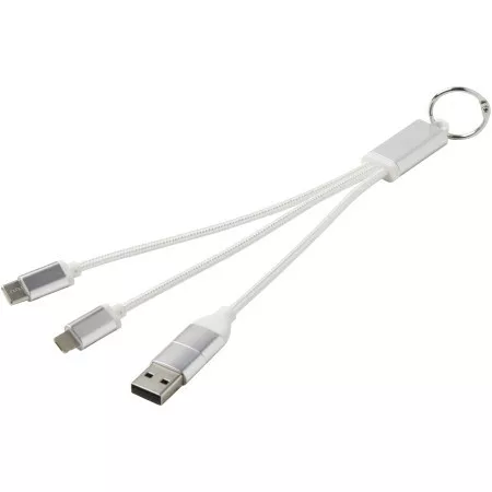 Metal 4-in-1 recycled aluminium charging cable with keyring, silver – price includes logo printing