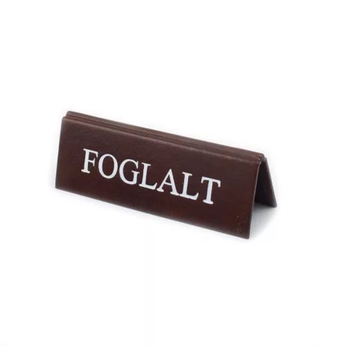 Reserved table sign, dark brown faux leather, white print, small