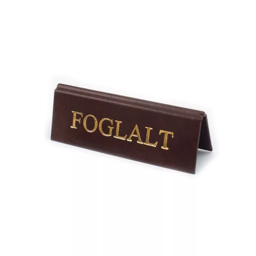 Reserved table sign, dark brown faux leather, gold print, small