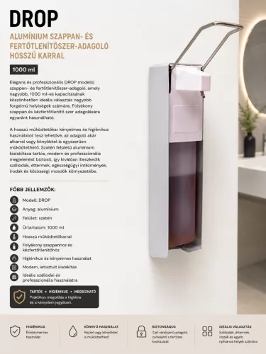 DROP aluminium soap and disinfectant dispenser with long lever – 1000 ml