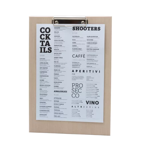 Clipboard menu holder, beige textile leather, A4