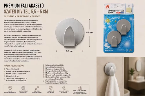Premium wall hook – 430 stainless steel, satin finish, 5,5 × 5 cm