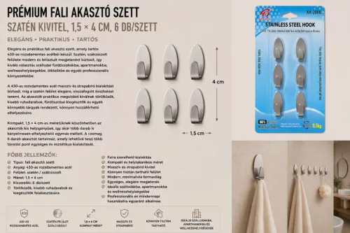 Premium wall hook set – 430 stainless steel, satin finish, 1,5 × 4 cm, 6 pcs/set