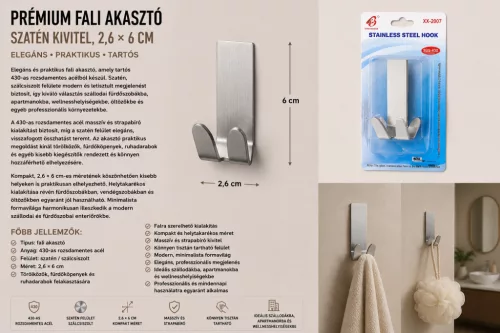 Premium wall hook – 430 stainless steel, satin finish, 2,6 × 6 cm