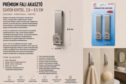 Premium wall hook – 430 stainless steel, satin finish, 2,8 × 8,5 cm
