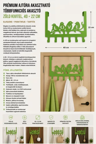 Premium stainless steel over-door multi-purpose hook – green finish, 40 × 22 cm