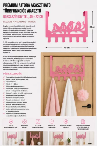 Premium stainless steel over-door multi-purpose hook – pink finish, 40 × 22 cm