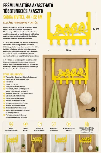 Premium stainless steel over-door multi-purpose hook – yellow finish, 40 × 22 cm