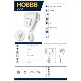 HOBBB Tisvilde wall-mounted hair dryer, 1200 W