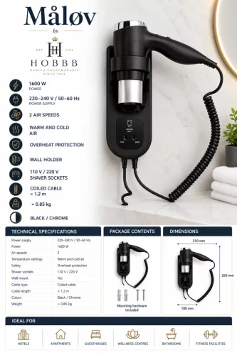 HOBBB Måløv wall-mounted hair dryer, 1600 W (black)