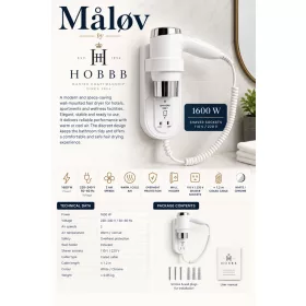 HOBBB Måløv wall-mounted hair dryer, 1600 W