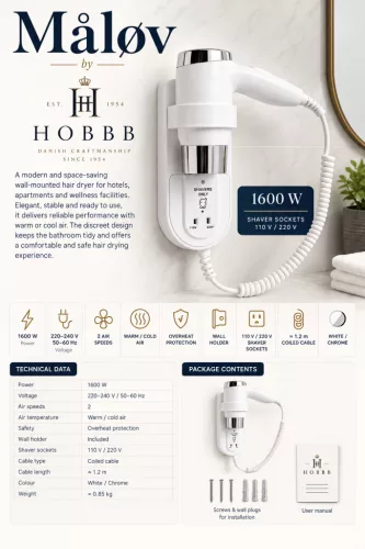 HOBBB Måløv wall-mounted hair dryer, 1600 W