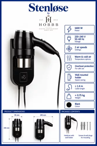 HOBBB Stenløse wall-mounted hair dryer, 1600 W
