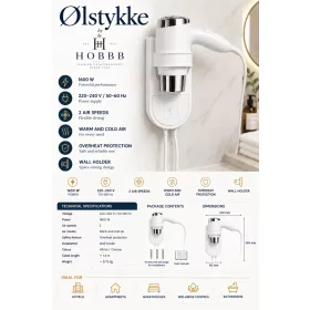 HOBBB Ølstykke wall-mounted hair dryer, 1600 W