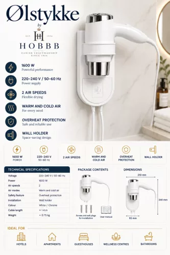 HOBBB Ølstykke wall-mounted hair dryer, 1600 W