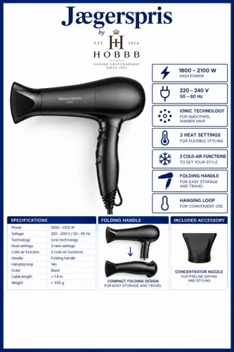 HOBBB Jægerspris hair dryer, 2100 W