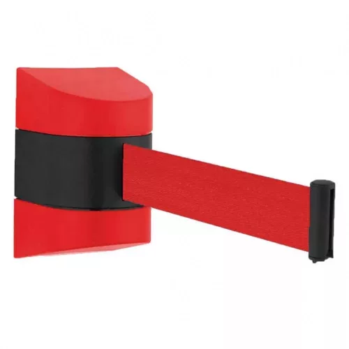 Red wall-mounted plastic retractable belt barrier, with red-white belt, 5m, 5m (FTMPF)
