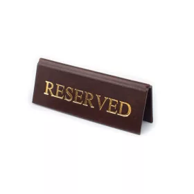   RESERVED table sign, dark brown faux leather, gold print, small