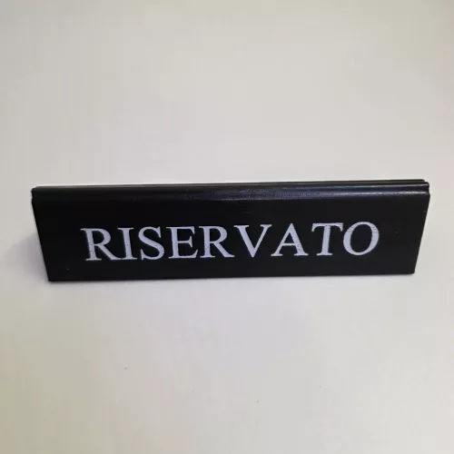 RISERVATO table sign, black faux leather, white print, large