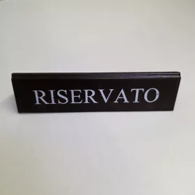   RISERVATO table sign, dark brown faux leather, white print, large