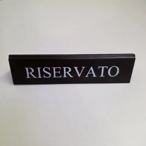 RISERVATO table sign, dark brown faux leather, white print, large
