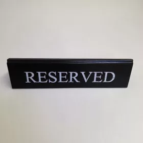 RESERVED table sign, black faux leather, white print, large