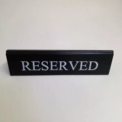 RESERVED table sign, black faux leather, white print, large