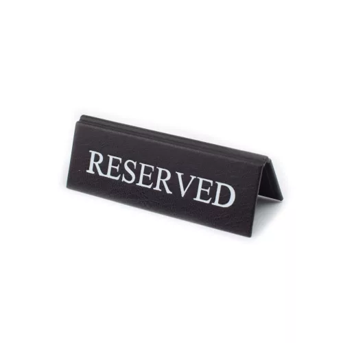 RESERVED table sign, black faux leather, white print, small