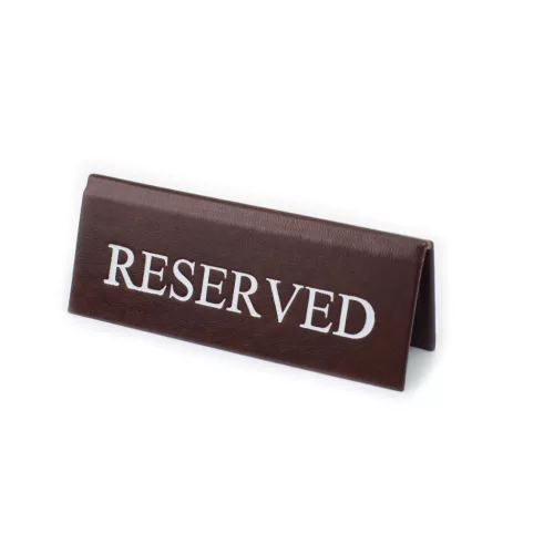 RESERVED table sign, dark brown faux leather, white print, small