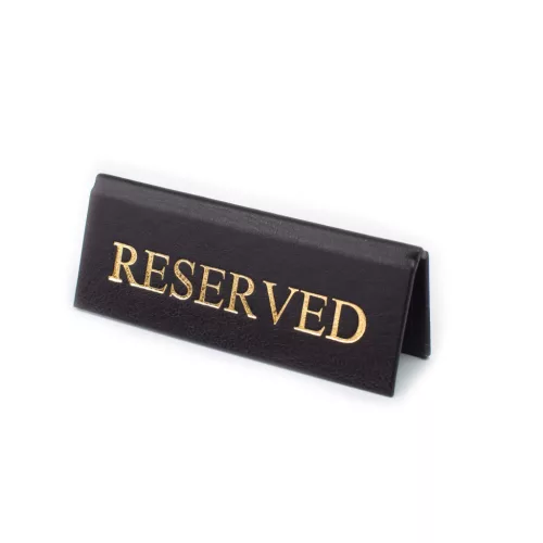 RESERVED table sign, black faux leather, gold print, small