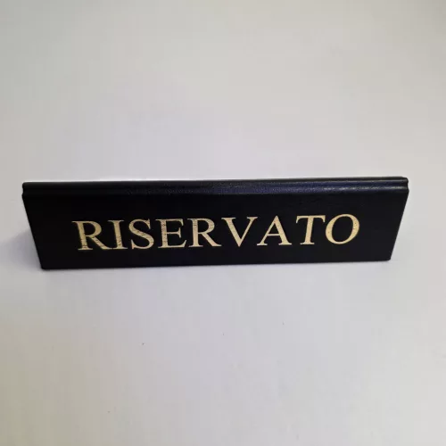 RISERVATO table sign, black faux leather, gold print, large