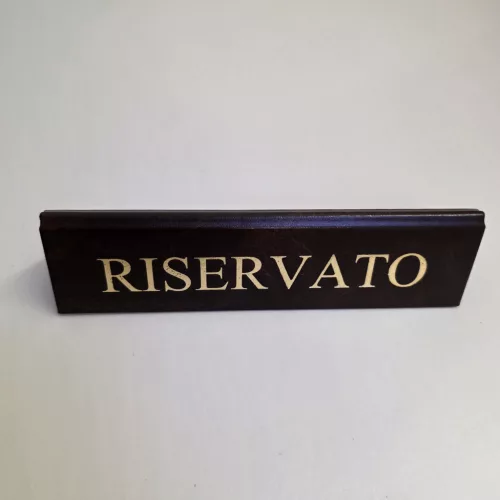 RISERVATO table sign, dark brown faux leather, gold print, large