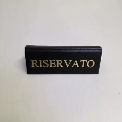 RISERVATO table sign, black faux leather, gold print, small