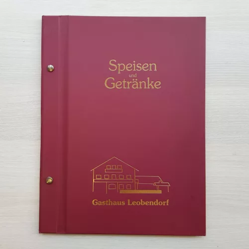Classic screw-bound menu cover, burgundy faux leather, with logo print, 10 sleeves, A4