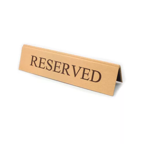 RESERVED table sign, gold faux leather, brown print, large