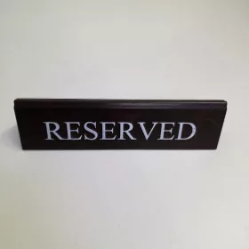   RESERVED table sign, dark brown faux leather, white print, large