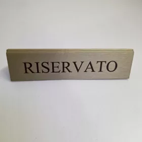 RISERVATO table sign, gold faux leather, brown print, large