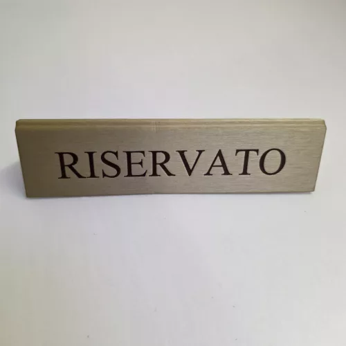 RISERVATO table sign, gold faux leather, brown print, large