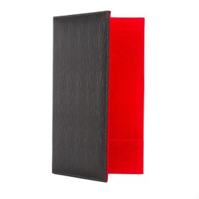   Fekete műanyag borítású számlatartó, piros plüss belsővel, csáró, 2 füllel