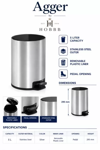 HOBBB Agger bathroom waste bin, 5.0 l (silver)