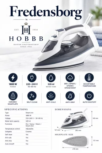 HOBBB Fredensborg steam iron, 1800 W
