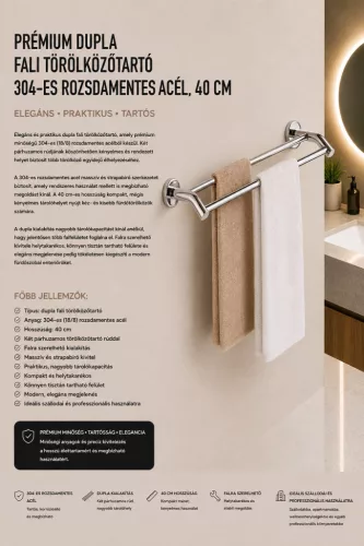 Premium double wall-mounted towel rail – 304 stainless steel, 40 cm