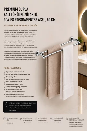 Premium double wall-mounted towel rail – 304 stainless steel, 50 cm