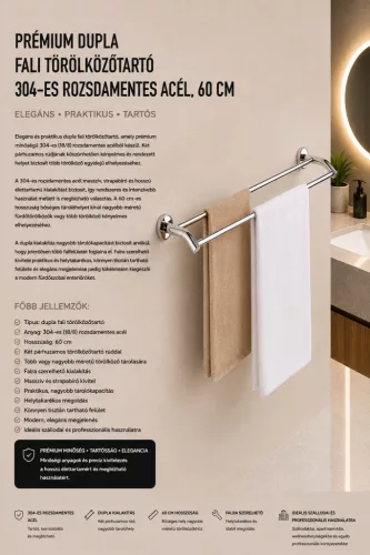 Premium double wall-mounted towel rail – 304 stainless steel, 60 cm