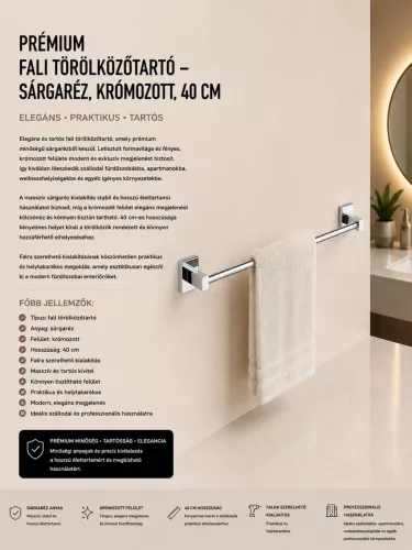 Premium wall-mounted towel rail – brass, chrome-plated, 40 cm