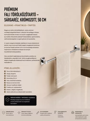 Premium wall-mounted towel rail – brass, chrome-plated, 50 cm