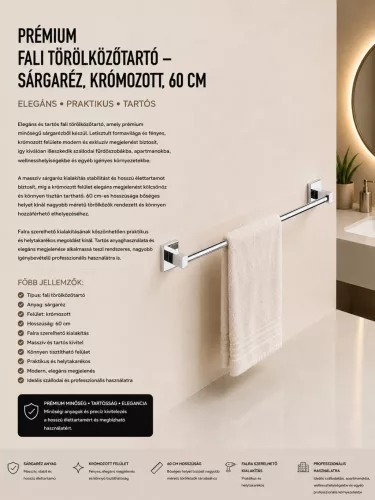 Premium wall-mounted towel rail – brass, chrome-plated, 60 cm