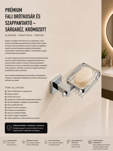 Premium wall-mounted wire basket and soap dish – brass, chrome-plated