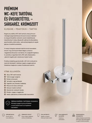 Premium toilet brush with holder and glass insert – brass, chrome-plated