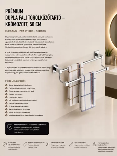 Premium double wall-mounted towel rail – chrome-plated, 50 cm